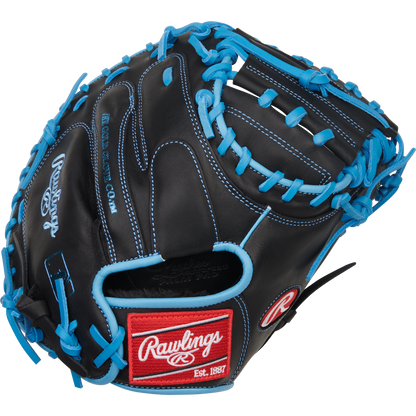 The Rawlings R9 32.5" Baseball Catcher's Mitt (R9CM325BCB) is a black youth catcher's mitt with bright blue laces, white stitching, an open web design, and a red and white Rawlings logo patch near the wrist.