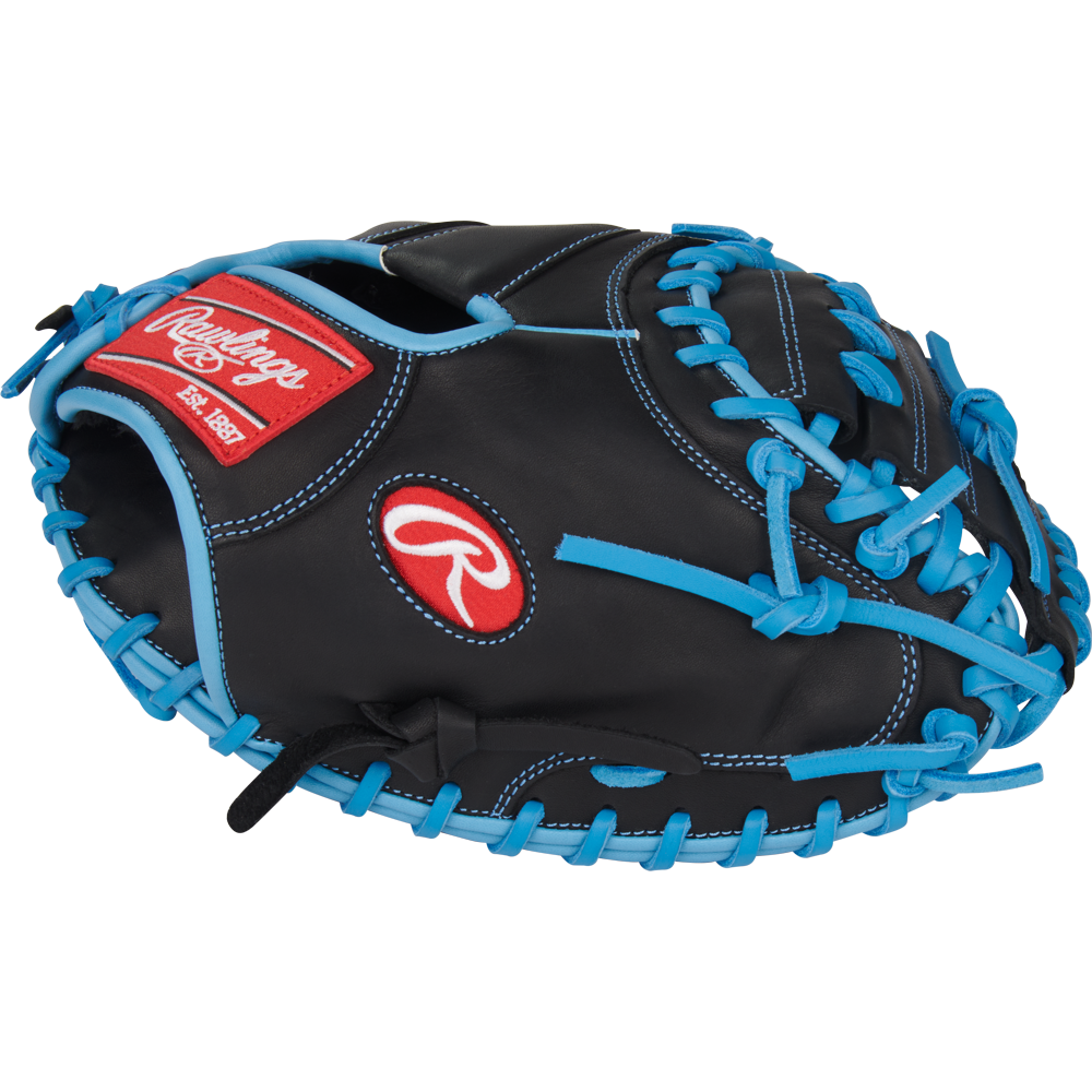 A Rawlings R9 32.5" Baseball Catcher's Mitt (R9CM325BCB) in black with bright blue laces and trim, Rawlings logo, and a red wrist label is shown against a plain light background.