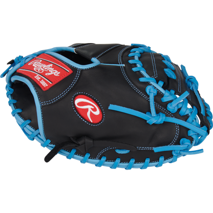 A Rawlings R9 32.5" Baseball Catcher's Mitt (R9CM325BCB) in black with bright blue laces and trim, Rawlings logo, and a red wrist label is shown against a plain light background.