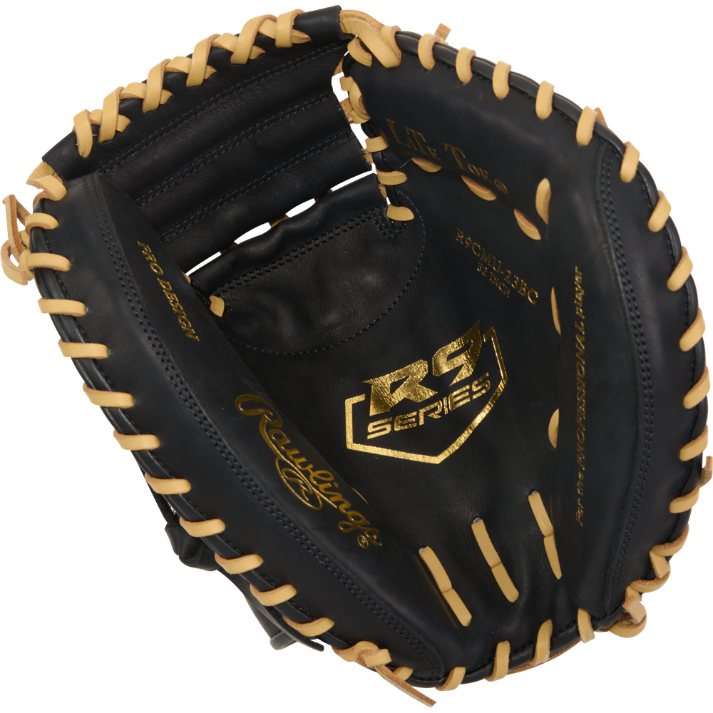 The Rawlings R9 32" ContoUR Baseball Catcher's Mitt (R9CMU-23BC) features a black design with tan lacing and a gold RG Series logo on the palm, showcasing detailed interior stitching in an open youth catcher's mitt.