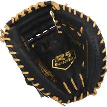 The Rawlings R9 32" ContoUR Baseball Catcher's Mitt (R9CMU-23BC) features a black design with tan lacing and a gold RG Series logo on the palm, showcasing detailed interior stitching in an open youth catcher's mitt.