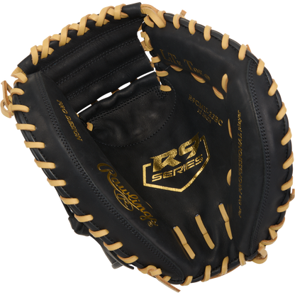 The Rawlings R9 32" ContoUR Baseball Catcher's Mitt (R9CMU-23BC) features a black design with tan lacing and a gold RG Series logo on the palm, showcasing detailed interior stitching in an open youth catcher's mitt.