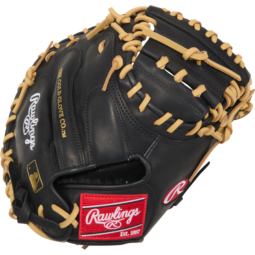 The Rawlings R9 32" ContoUR Baseball Catcher's Mitt (R9CMU-23BC) features a black design with tan laces, a red Rawlings wrist patch, and "The Gold Glove Co." embroidered in gold—ideal for aspiring youth catchers.