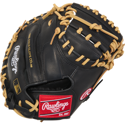 The Rawlings R9 32" ContoUR Baseball Catcher's Mitt (R9CMU-23BC) features a black design with tan laces, a red Rawlings wrist patch, and "The Gold Glove Co." embroidered in gold—ideal for aspiring youth catchers.