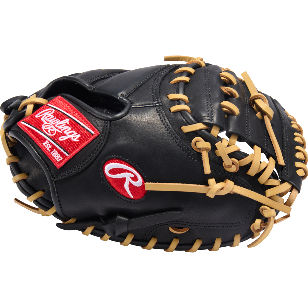 The Rawlings R9 32" ContoUR Baseball Catcher's Mitt (R9CMU-23BC) features a black design with tan laces and red Rawlings logos, shown on a plain white background—ideal for youth players seeking quality and comfort.