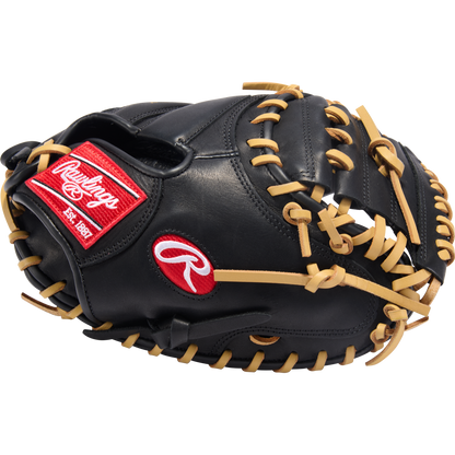 The Rawlings R9 32" ContoUR Baseball Catcher's Mitt (R9CMU-23BC) features a black design with tan laces and red Rawlings logos, shown on a plain white background—ideal for youth players seeking quality and comfort.