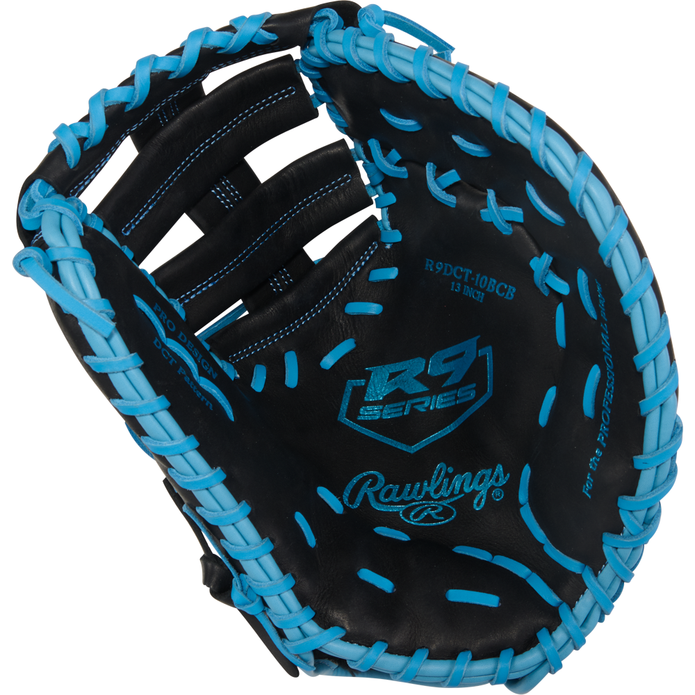 The Rawlings R9 13" Baseball First Base Mitt (R9DCT-10BCB) features a black design with bright blue lacing and stitching, plus R9 Series and Rawlings logos—a perfect first base mitt for young players.