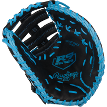 The Rawlings R9 13" Baseball First Base Mitt (R9DCT-10BCB) features a black design with bright blue lacing and stitching, plus R9 Series and Rawlings logos—a perfect first base mitt for young players.