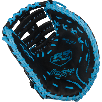 The Rawlings R9 13" Baseball First Base Mitt (R9DCT-10BCB) features a black design with bright blue lacing and stitching, plus R9 Series and Rawlings logos—a perfect first base mitt for young players.
