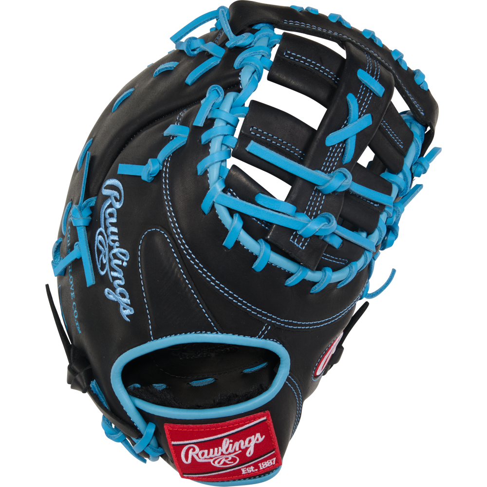 The Rawlings R9 13" Baseball First Base Mitt: R9DCT-10BCB is a youth black mitt with bright blue laces, white stitching, an open web design, and red Rawlings branding near the wrist.