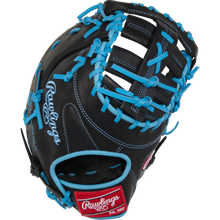 The Rawlings R9 13" Baseball First Base Mitt: R9DCT-10BCB is a youth black mitt with bright blue laces, white stitching, an open web design, and red Rawlings branding near the wrist.