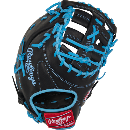 The Rawlings R9 13" Baseball First Base Mitt: R9DCT-10BCB is a youth black mitt with bright blue laces, white stitching, an open web design, and red Rawlings branding near the wrist.