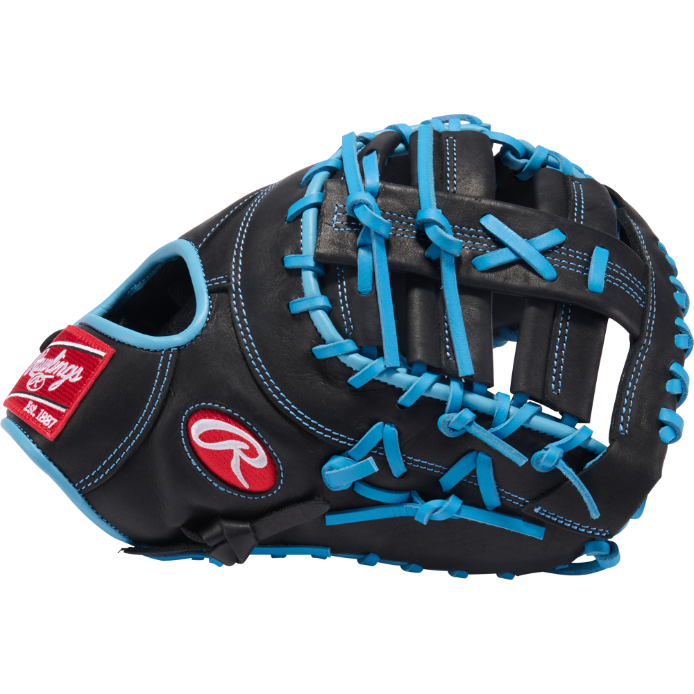 The Rawlings R9 13" Baseball First Base Mitt (R9DCT-10BCB) is shown in black with blue laces, white stitching, and a red wrist patch on a plain white background.