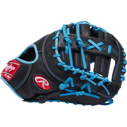 The Rawlings R9 13" Baseball First Base Mitt (R9DCT-10BCB) is shown in black with blue laces, white stitching, and a red wrist patch on a plain white background.
