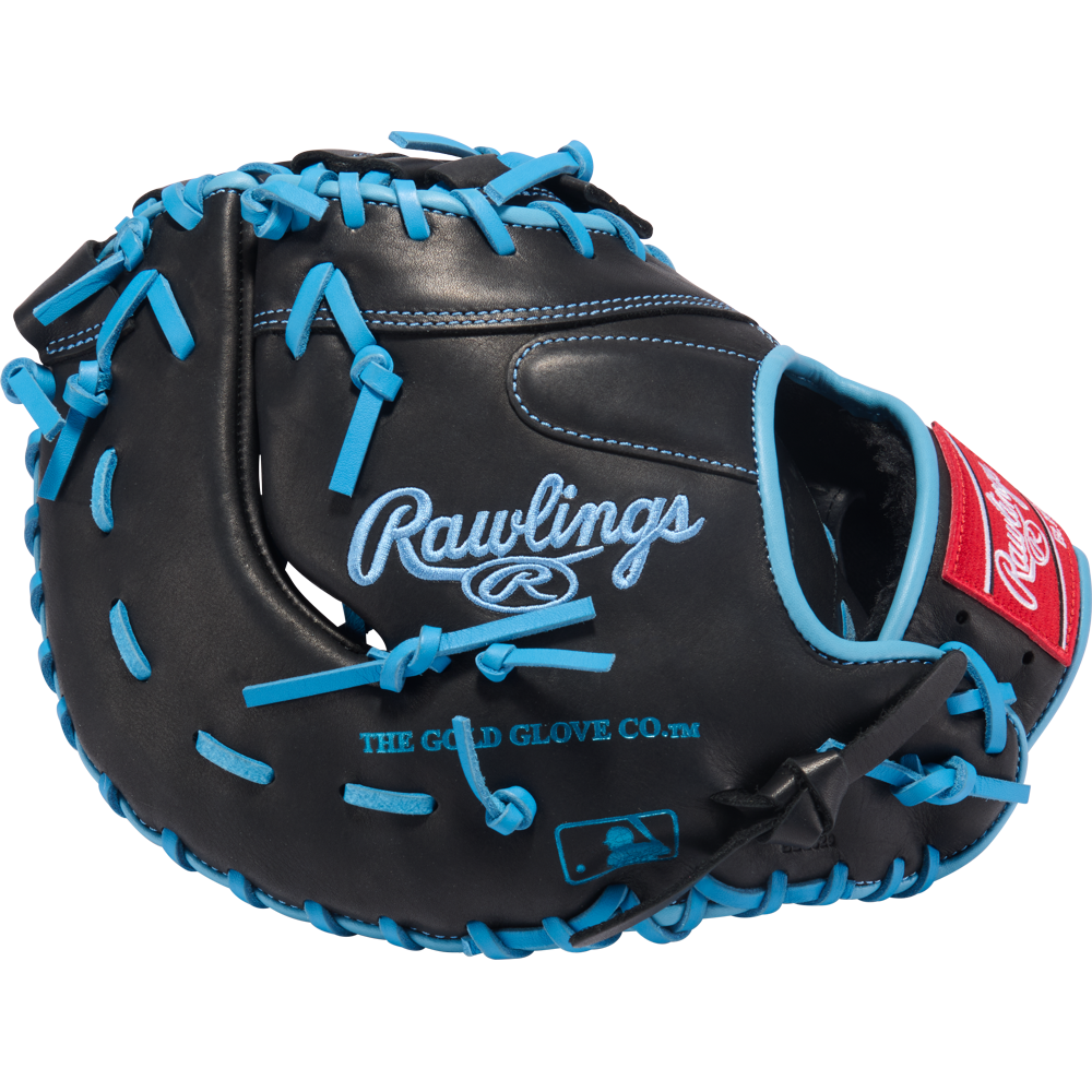 The Rawlings R9 13" Baseball First Base Mitt (R9DCT-10BCB) is a black and blue mitt, ideal for youth first basemen.