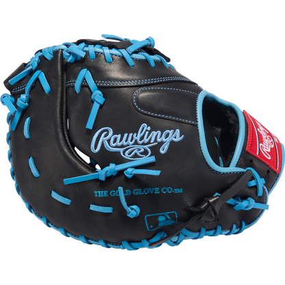 The Rawlings R9 13" Baseball First Base Mitt (R9DCT-10BCB) is a black and blue mitt, ideal for youth first basemen.