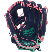 The Rawlings R9 11.5" Fastpitch Glove (R9SB115U-2N) features a navy blue design with pink laces, mint green accents, and the embroidered Rawlings logo plus signature palm details.