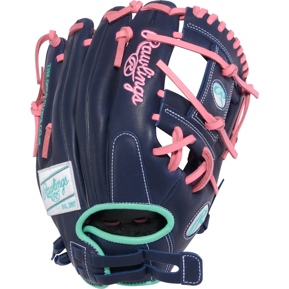 The Rawlings R9 11.5" Fastpitch Glove (R9SB115U-2N) features navy blue with pink laces, teal accents, and white Rawlings logos, shown against a plain white background.