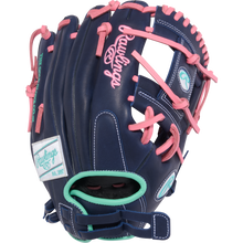 The Rawlings R9 11.5" Fastpitch Glove (R9SB115U-2N) features navy blue with pink laces, teal accents, and white Rawlings logos, shown against a plain white background.