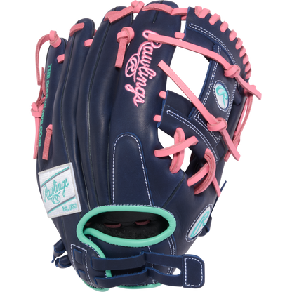 The Rawlings R9 11.5" Fastpitch Glove (R9SB115U-2N) features navy blue with pink laces, teal accents, and white Rawlings logos, shown against a plain white background.