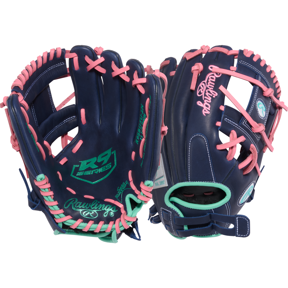 Two Rawlings R9 11.5" Fastpitch Gloves (R9SB115U-2N) in navy blue with pink lacing, mint green accents, and the green and pink Rawlings logo are shown side by side, displaying both the inside and outside.