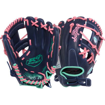 Two Rawlings R9 11.5" Fastpitch Gloves (R9SB115U-2N) in navy blue with pink lacing, mint green accents, and the green and pink Rawlings logo are shown side by side, displaying both the inside and outside.