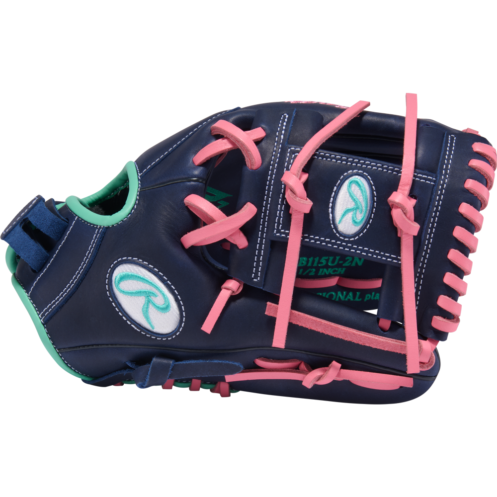 The Rawlings R9 11.5" Fastpitch Glove (R9SB115U-2N) features navy blue leather, pink laces, green trim, and white oval logos—ideal as a youth softball glove—shown on a plain white background.