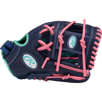 The Rawlings R9 11.5" Fastpitch Glove (R9SB115U-2N) features navy blue leather, pink laces, green trim, and white oval logos—ideal as a youth softball glove—shown on a plain white background.