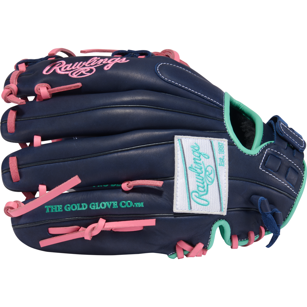 The Rawlings R9 11.5" Fastpitch Glove (R9SB115U-2N) is navy blue with pink laces, teal accents, and white patches showing the Rawlings logo and “The Gold Glove Co.” text in green. The glove's outer side is visible.