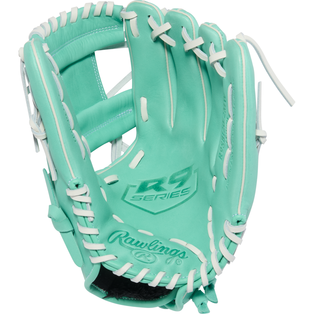 The Rawlings R9 12" Fastpitch Glove (R9SB120-2MW) features a turquoise design with white laces, R9 SERIES printed in the palm, and visible stitching, offering high-quality construction for lasting performance.