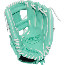 The Rawlings R9 12" Fastpitch Glove (R9SB120-2MW) features a turquoise design with white laces, R9 SERIES printed in the palm, and visible stitching, offering high-quality construction for lasting performance.