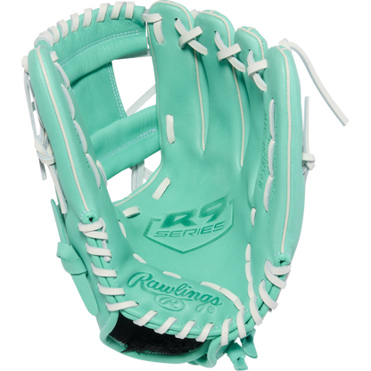 The Rawlings R9 12" Fastpitch Glove (R9SB120-2MW) features a turquoise design with white laces, R9 SERIES printed in the palm, and visible stitching, offering high-quality construction for lasting performance.