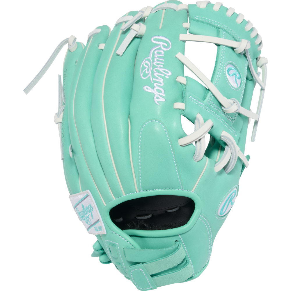 The Rawlings R9 12" Fastpitch Glove (R9SB120-2MW) features a mint green design with white laces and stitching, logo embroidery on the thumb and wrist strap, and is made from premium full-grain leather for lasting durability.