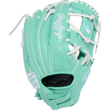 The Rawlings R9 12" Fastpitch Glove (R9SB120-2MW) features a mint green design with white laces and stitching, logo embroidery on the thumb and wrist strap, and is made from premium full-grain leather for lasting durability.