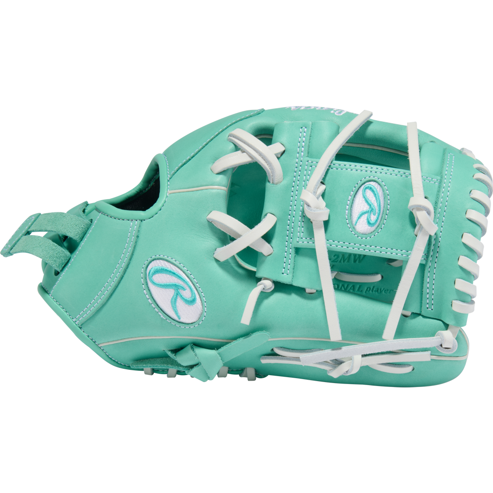 The Rawlings R9 12" Fastpitch Glove (R9SB120-2MW) features a teal design with white laces and embroidered logos, crafted from full-grain leather, shown on a simple light background.