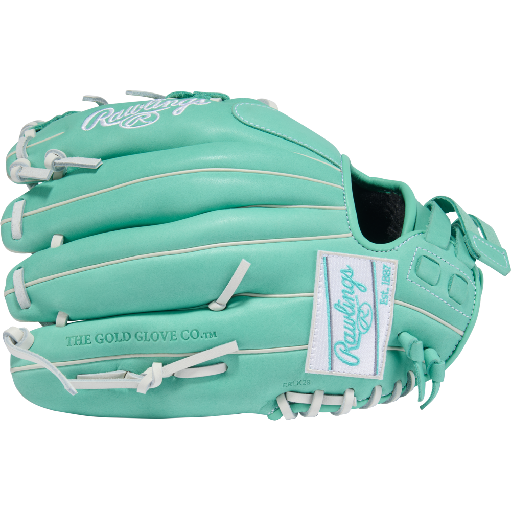 The Rawlings R9 12" Fastpitch Glove (R9SB120-2MW) features teal full-grain leather, white laces and accents, and "Rawlings" plus "THE GOLD GLOVE CO." stitched in white on the glove.