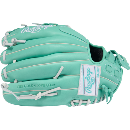 The Rawlings R9 12" Fastpitch Glove (R9SB120-2MW) features teal full-grain leather, white laces and accents, and "Rawlings" plus "THE GOLD GLOVE CO." stitched in white on the glove.