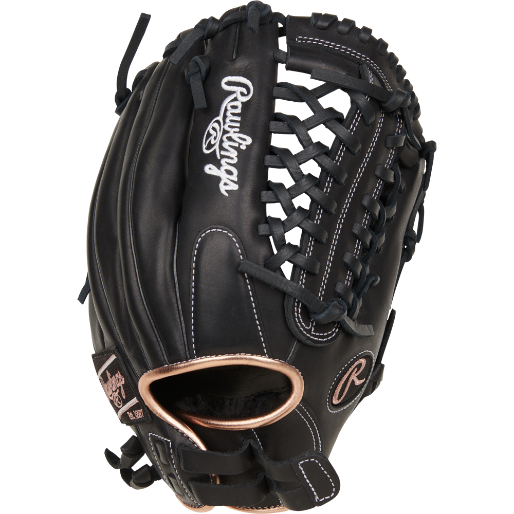 The Rawlings R9 12" Fastpitch Glove: R9SB120-4B is a black infield/pitcher's glove with white stitching, tan lining, laced webbing, and the Rawlings logo on the thumb and pinky. Crafted from high-quality full-grain leather.