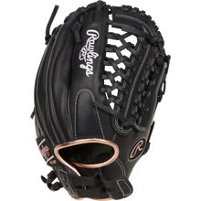 The Rawlings R9 12" Fastpitch Glove: R9SB120-4B is a black infield/pitcher's glove with white stitching, tan lining, laced webbing, and the Rawlings logo on the thumb and pinky. Crafted from high-quality full-grain leather.