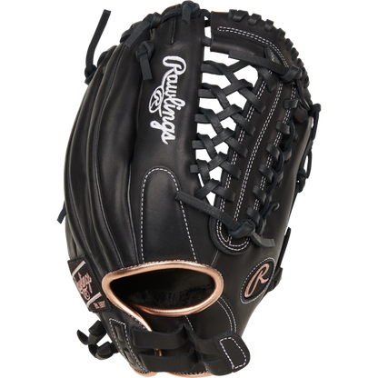 The Rawlings R9 12" Fastpitch Glove: R9SB120-4B is a black infield/pitcher's glove with white stitching, tan lining, laced webbing, and the Rawlings logo on the thumb and pinky. Crafted from high-quality full-grain leather.