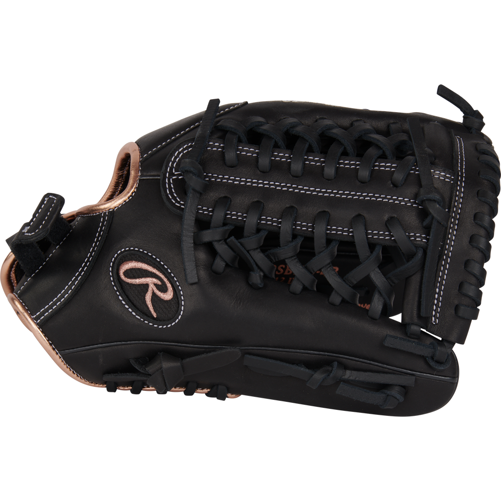 A Rawlings R9 12" Fastpitch Glove (R9SB120-4B), black with tan accents and white stitching, full-grain leather, R logo, and laced webbing is displayed on a plain white background.