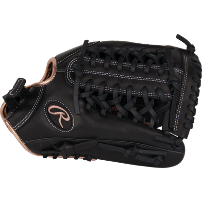 A Rawlings R9 12" Fastpitch Glove (R9SB120-4B), black with tan accents and white stitching, full-grain leather, R logo, and laced webbing is displayed on a plain white background.