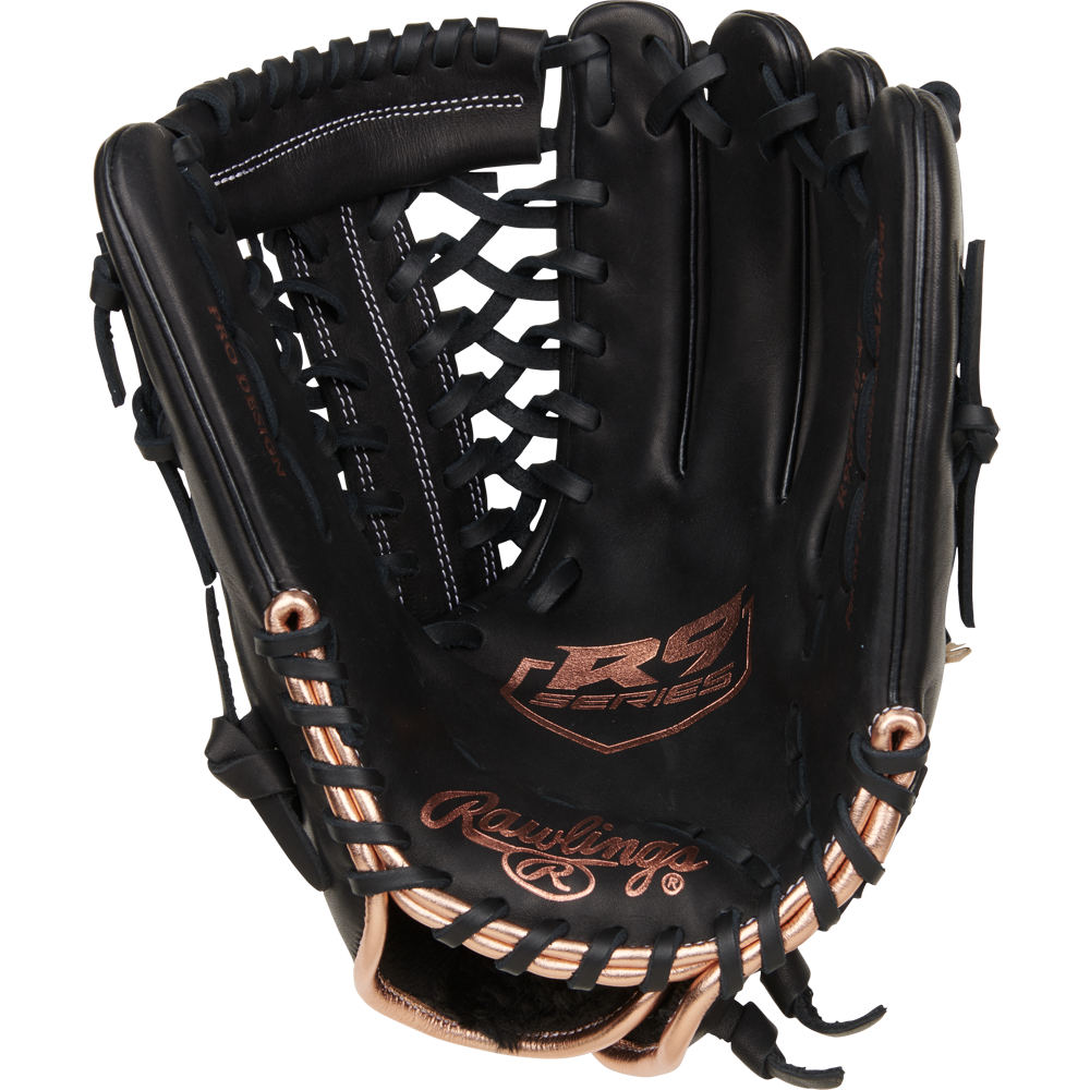 The Rawlings R9 12" Fastpitch Glove (R9SB120-4B) features a black full-grain leather shell with tan lacing, R Series branding on the palm, detailed stitching, and sturdy webbing—ideal for infielders or pitchers.