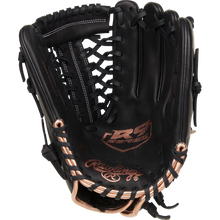 The Rawlings R9 12" Fastpitch Glove (R9SB120-4B) features a black full-grain leather shell with tan lacing, R Series branding on the palm, detailed stitching, and sturdy webbing—ideal for infielders or pitchers.