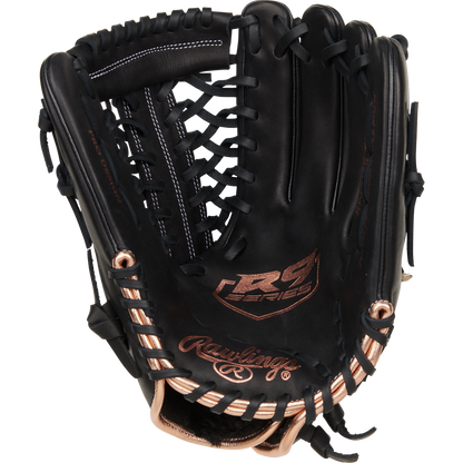 The Rawlings R9 12" Fastpitch Glove (R9SB120-4B) features a black full-grain leather shell with tan lacing, R Series branding on the palm, detailed stitching, and sturdy webbing—ideal for infielders or pitchers.