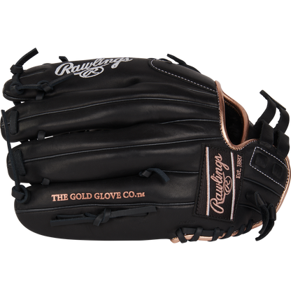 The Rawlings R9 12" Fastpitch Glove (R9SB120-4B) in black with tan accents, crafted from full-grain leather, is shown on a plain white background. This infield/pitcher's glove delivers premium performance.