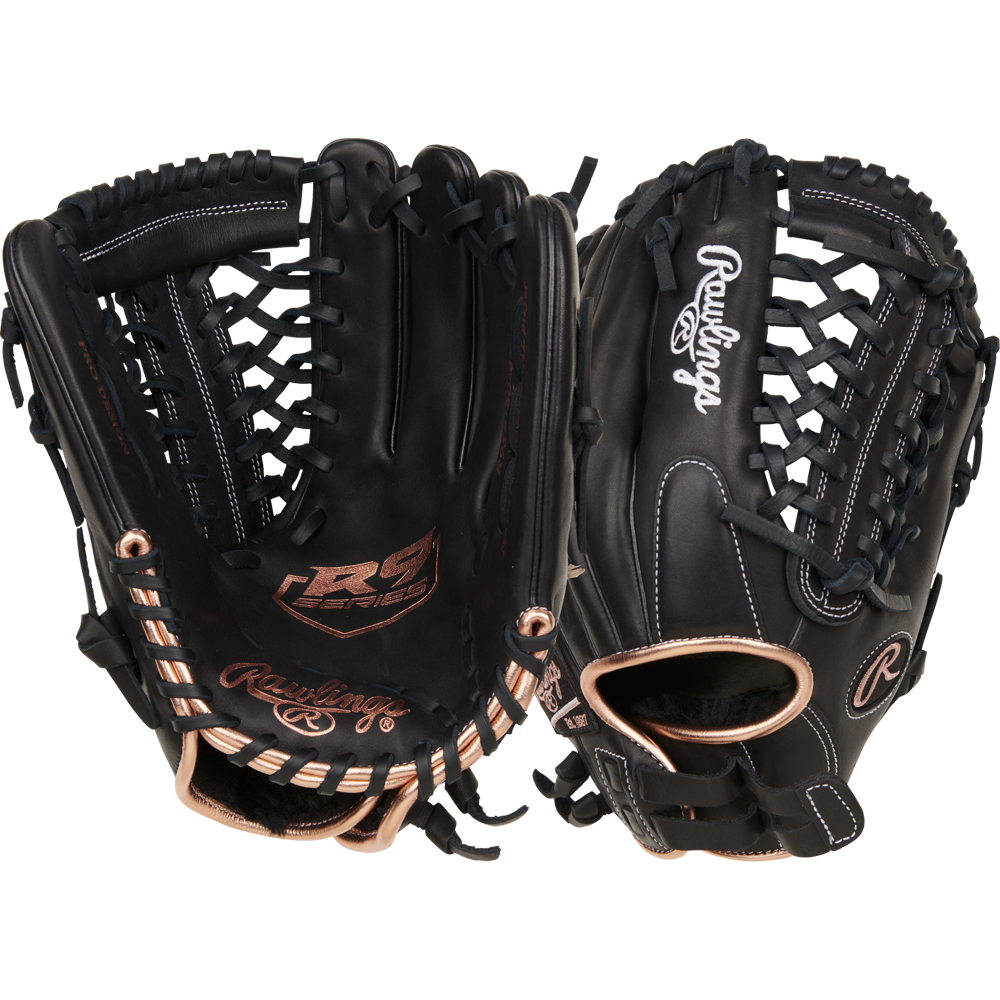 Two Rawlings R9 12" Fastpitch Gloves by Rawlings are shown in black full-grain leather with beige lacing and white stitching—one palm side, one back—each displaying the Rawlings logo.