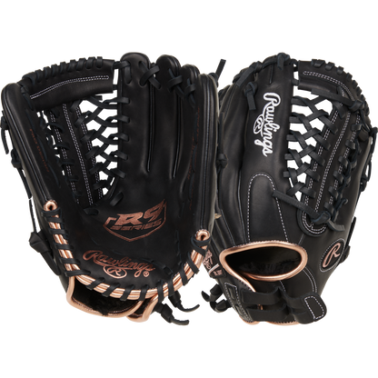 Two Rawlings R9 12" Fastpitch Gloves by Rawlings are shown in black full-grain leather with beige lacing and white stitching—one palm side, one back—each displaying the Rawlings logo.