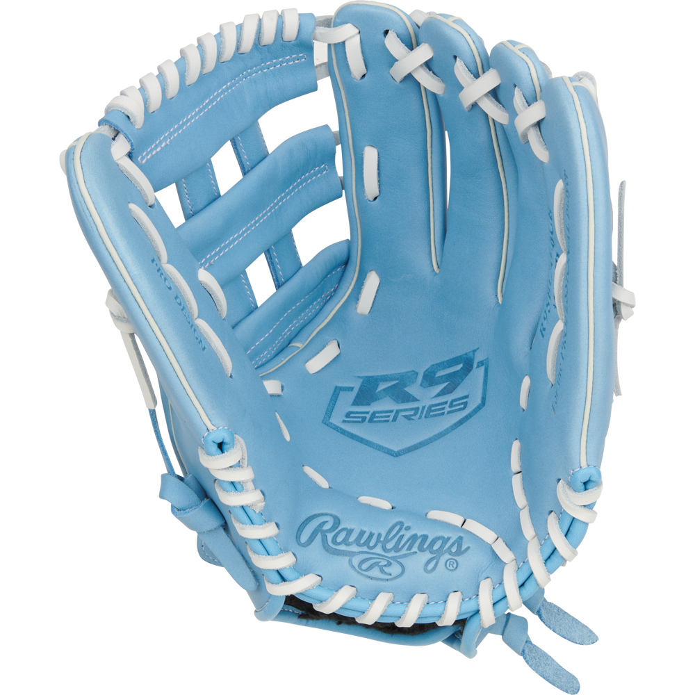 The Rawlings R9 12" Fastpitch Glove (R9SB120-6CB) features light blue full-grain leather, white laces, and “R9 SERIES” branding on the palm, displayed open against a plain white background.