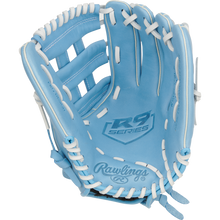 The Rawlings R9 12" Fastpitch Glove (R9SB120-6CB) features light blue full-grain leather, white laces, and “R9 SERIES” branding on the palm, displayed open against a plain white background.